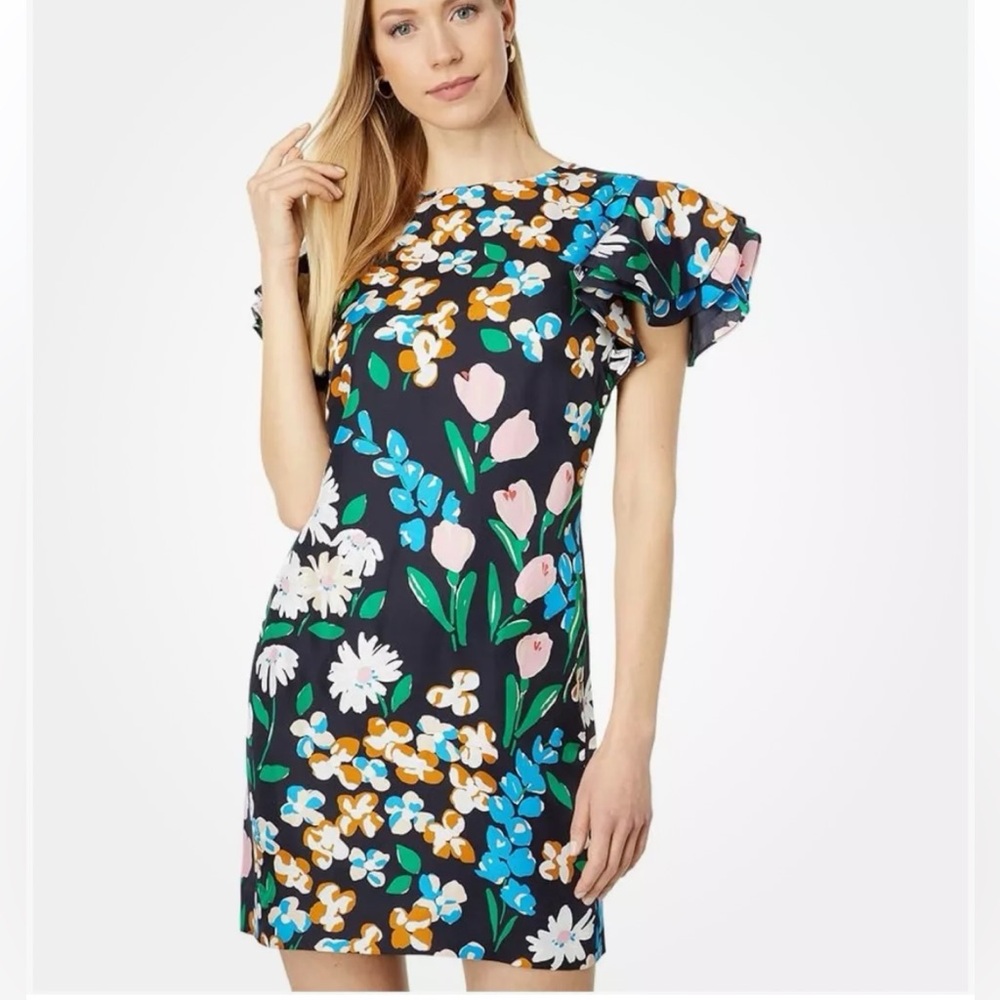 Kate Spade Meadow Shift Dress Size 12 Black Silk Blend Multicolor Floral